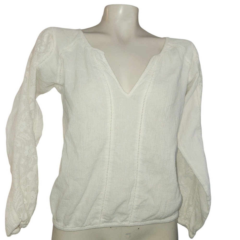 ONeill Womens XS‎ White Gauze Lace Sleeve V-Neck Boho Peasant Blouse Top surfer